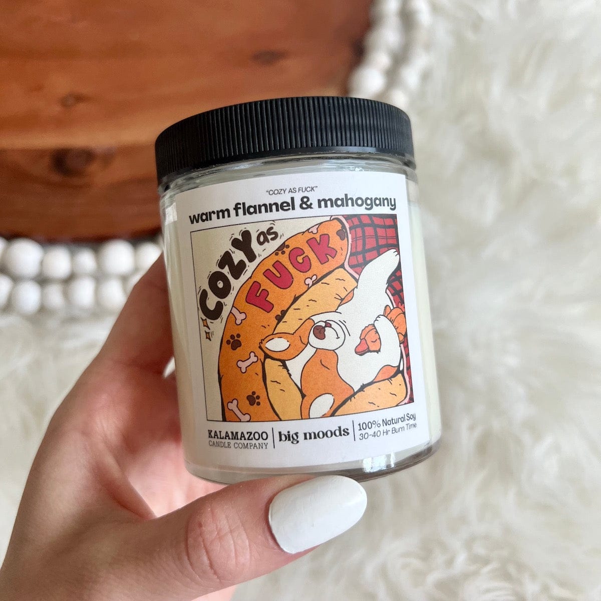 "Cozy as Fuck" Warm Flannel &amp; Mahogany - 5oz Soy Candle