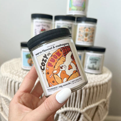 "Cozy as Fuck" Warm Flannel &amp; Mahogany - 5oz Soy Candle