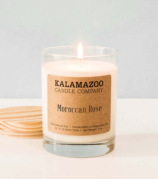 Moroccan Rose Candles A sensual bouquet of Persian rose, Italian bergamot, and mimosa blossoms; paired with earthy patchouli, fragrant sandalwood, and dreamy notes of amber and tonka. All Kalamazoo Candles are: 100% natural scented soy wax; produced using
